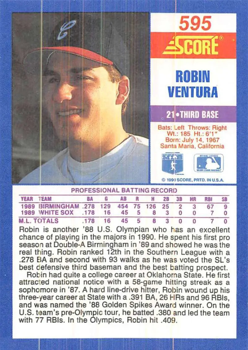 1990 Score #595 Robin Ventura EX Excellent Chicago White Sox Baseball Card - Baseball Card Single
