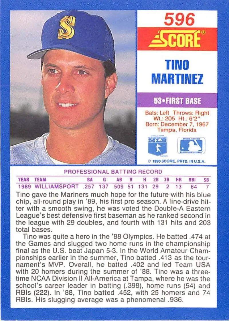 1990 Score #596 Tino Martinez EX Excellent Seattle Mariners Baseball Card - Baseball Card Single