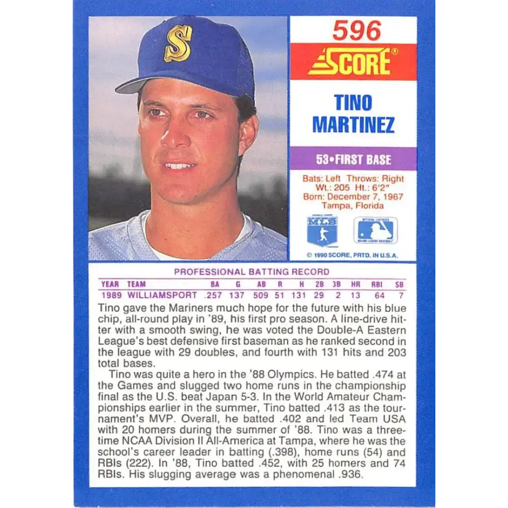 1990 Score #596 Tino Martinez NM-MT Seattle Mariners Baseball Card - Baseball Card Single