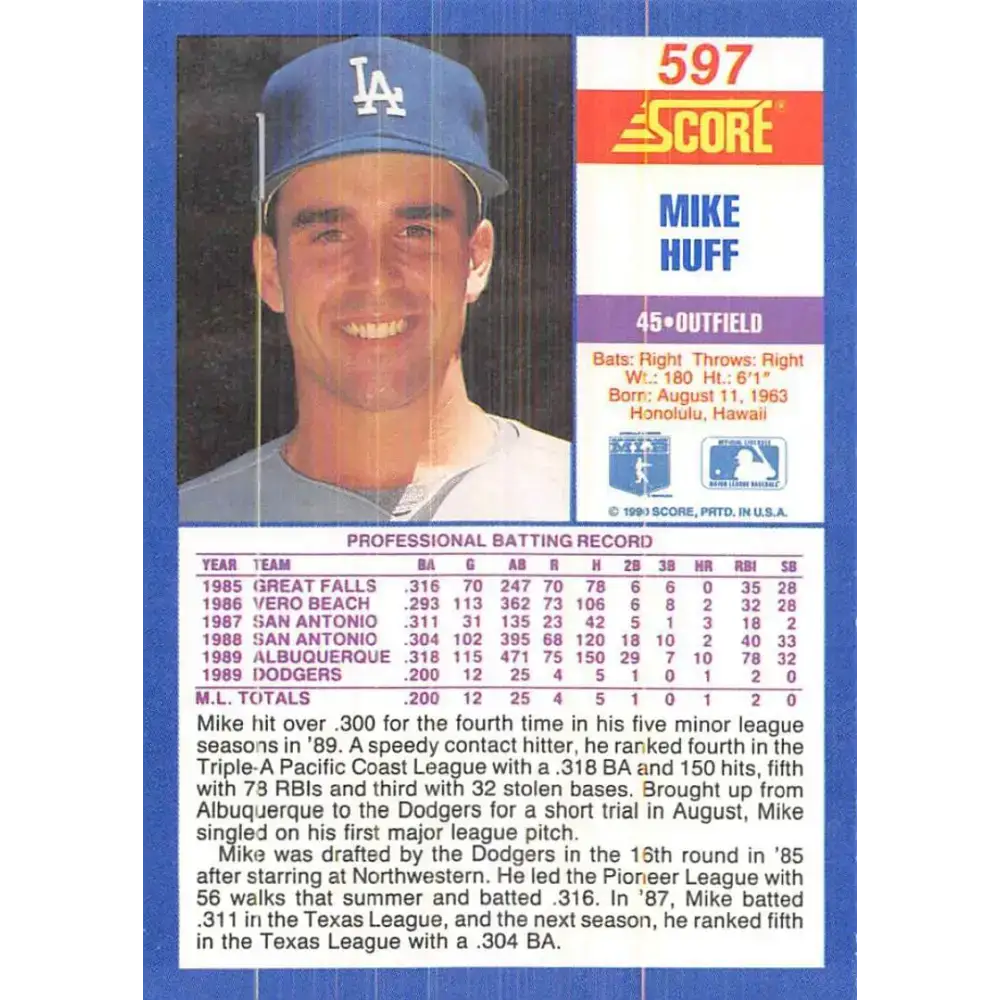 1990 Score #597 Mike Huff NM-MT RC Rookie Los Angeles Dodgers Baseball Card - Baseball Card Single