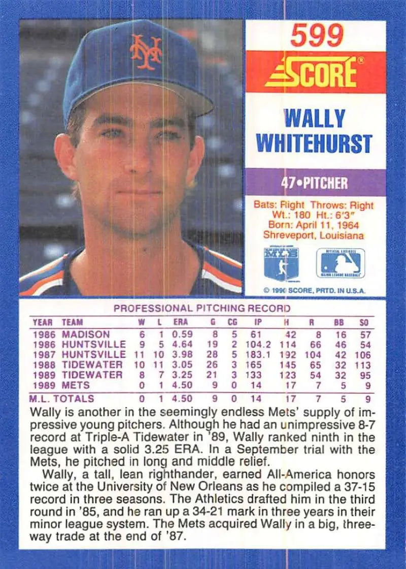 1990 Score #599 Wally Whitehurst EX Excellent New York Mets Baseball Card - Baseball Card Single