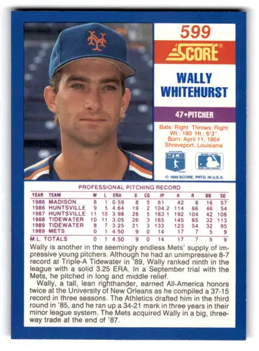 Original gloss Wally Whitehurst baseball card 1990 Score NM-MT Mets ID 70027