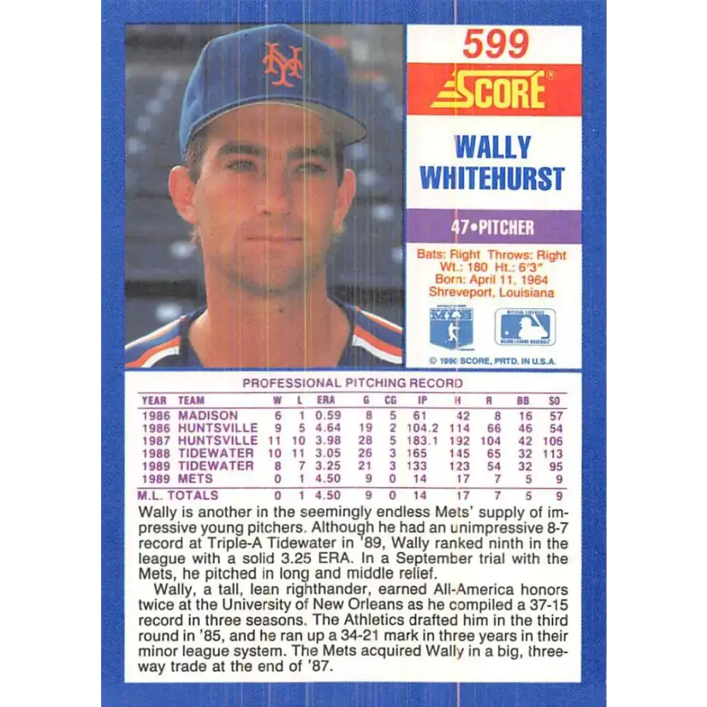1990 Score #599 Wally Whitehurst NM-MT New York Mets Baseball Card - Baseball Card Single