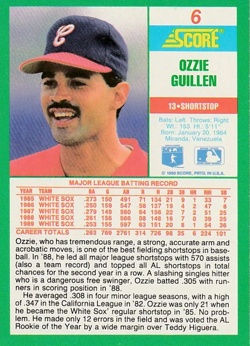 1990 Score #6 Ozzie Guillen EX Excellent Chicago White Sox Baseball Card