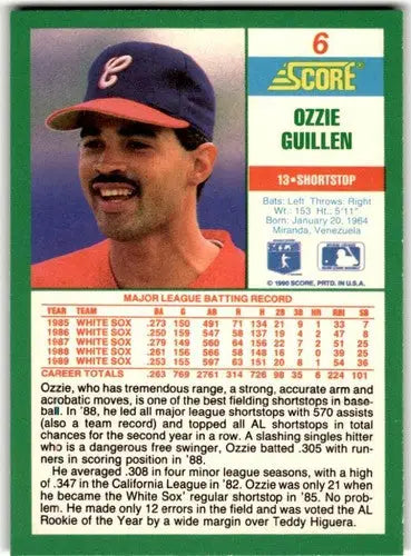 Original gloss Ozzie Guillen baseball card from 1990 Score #6 featuring Simply Sandoval