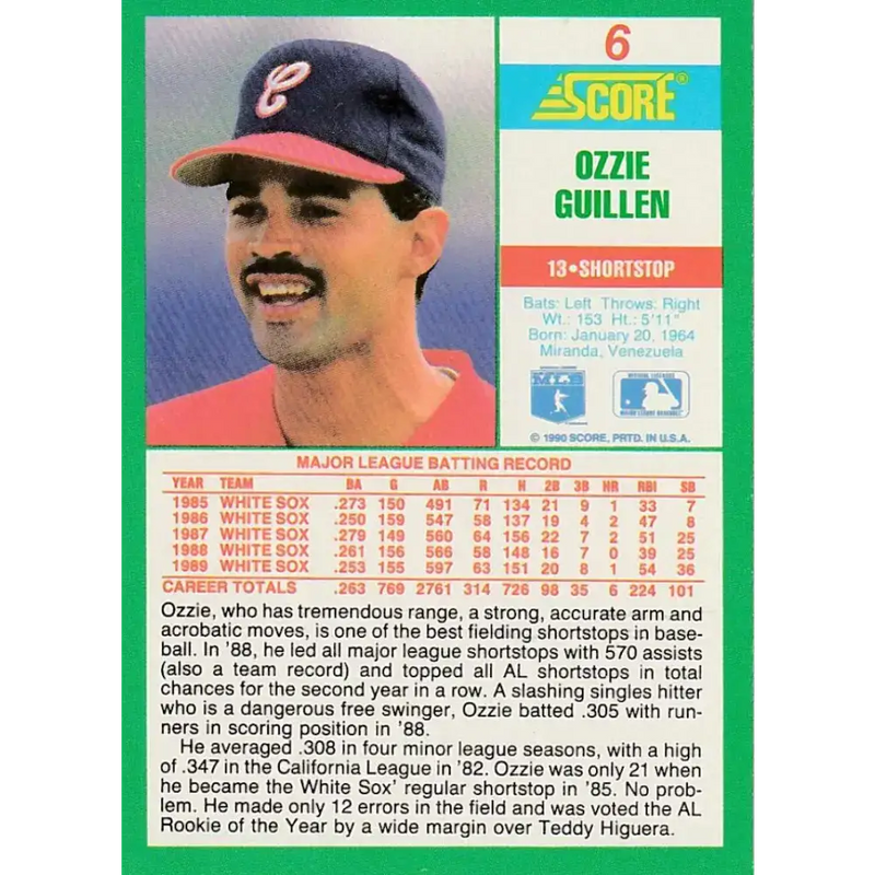 1990 Score #6 Ozzie Guillen NM-MT Chicago White Sox Baseball Card - Baseball Card Single