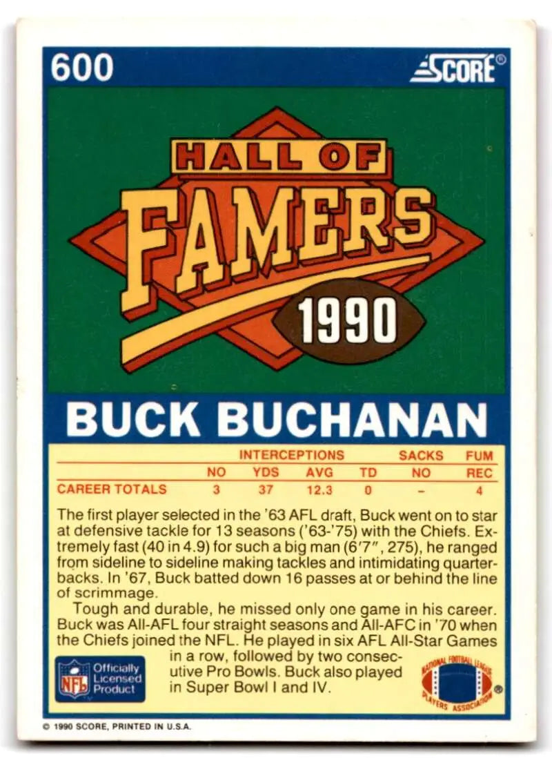 1990 Score #600 Buck Buchanan NM-MT Kansas City Chiefs Football Card - Football Card Single