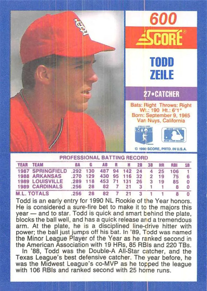 1990 Score #600 Todd Zeile EX Excellent St. Louis Cardinals Baseball Card - Baseball Card Single