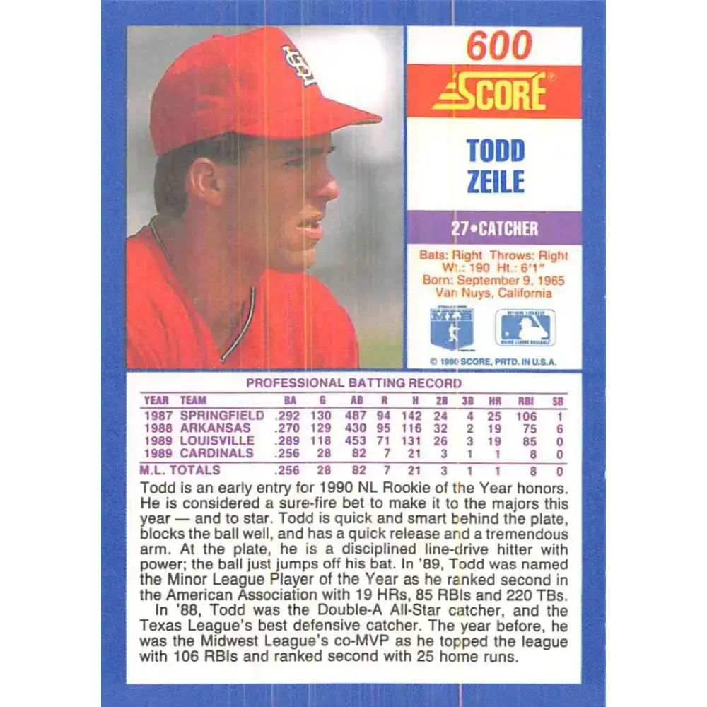 1990 Score #600 Todd Zeile NM-MT St. Louis Cardinals Baseball Card - Baseball Card Single