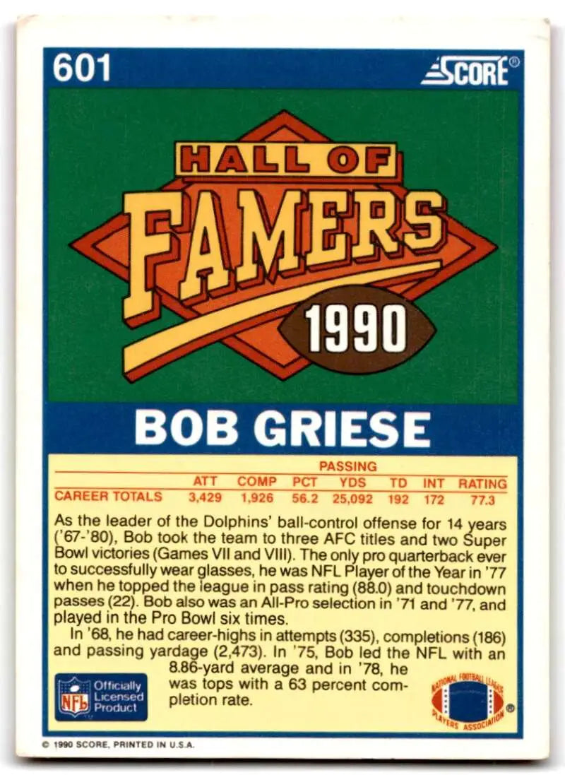 1990 Score #601 Bob Griese NM-MT Miami Dolphins Football Card - Football Card Single