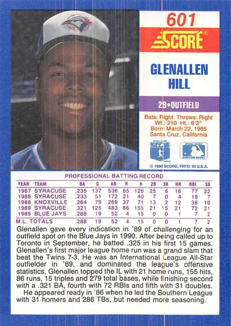 1990 Score #601 Glenallen Hill EX Excellent Toronto Blue Jays Baseball Card - Baseball Card Single