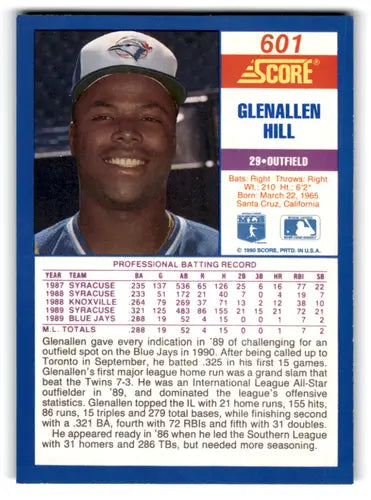 Original gloss Glenallen Hill Blue Jays baseball card from 1990 Score #601