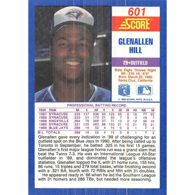 1990 Score #601 Glenallen Hill NM-MT Toronto Blue Jays Baseball Card - Baseball Card Single
