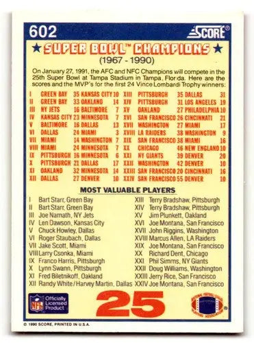 Super Bowl wrap trading card featuring 1990 Score #602 New York Giants Buffalo Bills