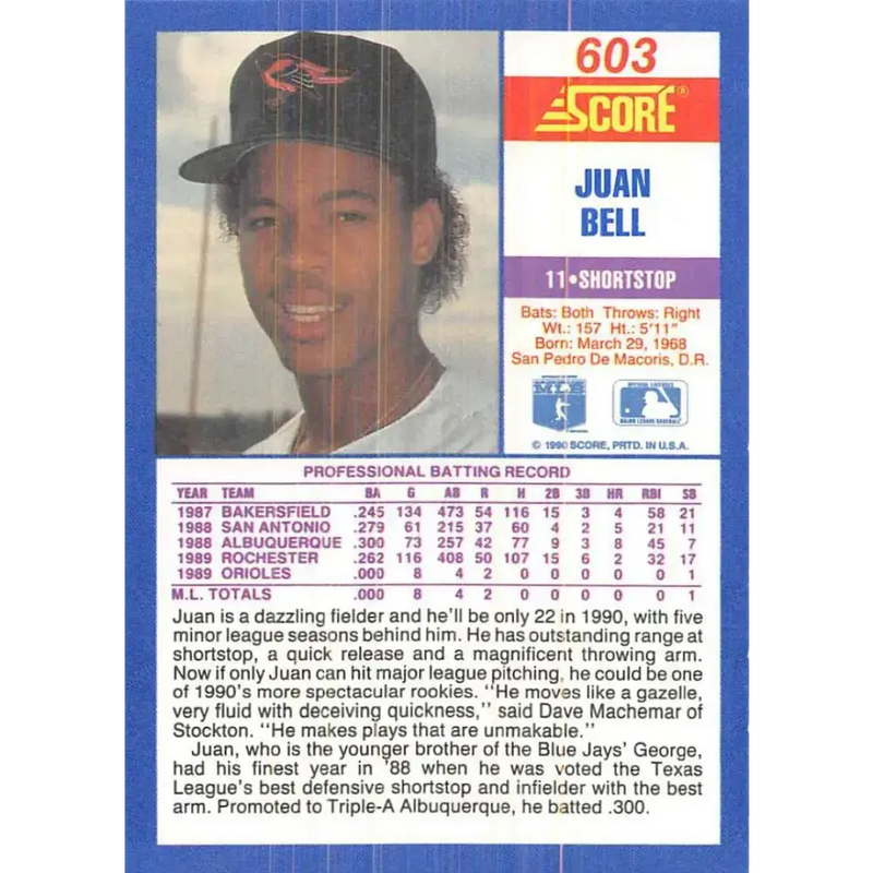 1990 Score #603 Juan Bell NM-MT Baltimore Orioles Baseball Card - Baseball Card Single