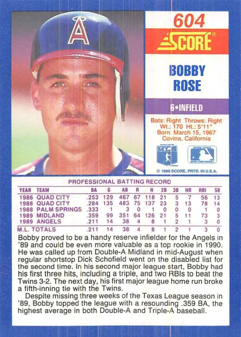 1990 Score #604 Bobby Rose EX Excellent California Angels Baseball Card - Baseball Card Single