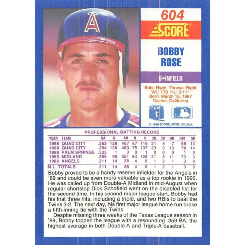 1990 Score #604 Bobby Rose NM-MT California Angels Baseball Card - Baseball Card Single