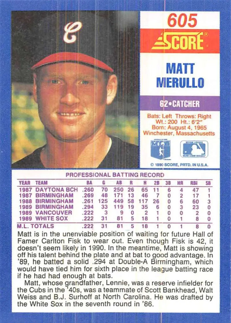 1990 Score #605 Matt Merullo EX Excellent Chicago White Sox Baseball Card - Baseball Card Single