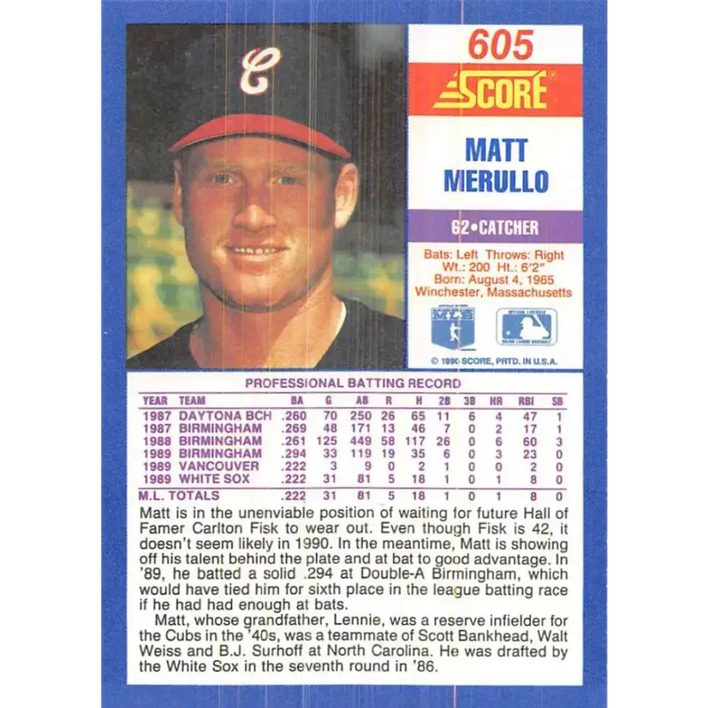 1990 Score #605 Matt Merullo NM-MT Chicago White Sox Baseball Card - Baseball Card Single