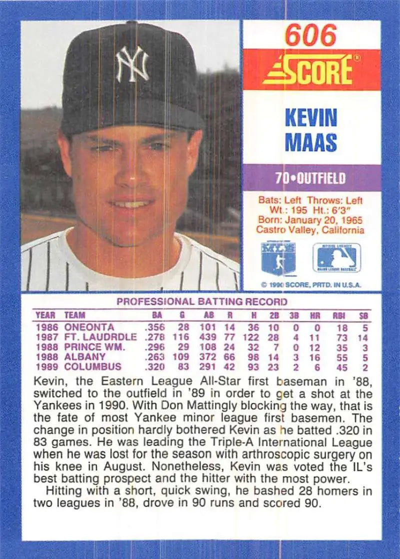 1990 Score #606 Kevin Maas EX Excellent RC Rookie New York Yankees Baseball Card - Baseball Card Single