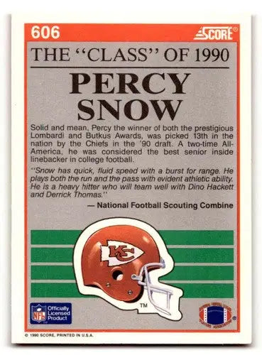 Original gloss Percy Snow Kansas City football card from 1990 Score #606