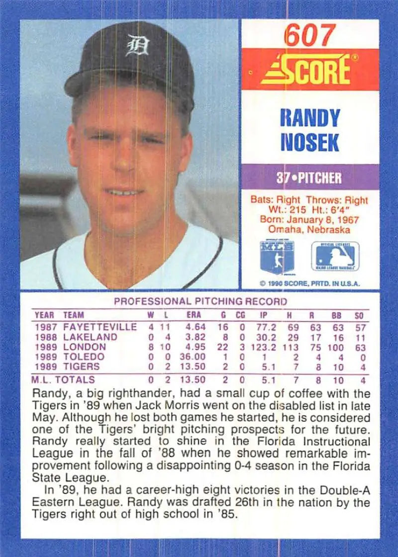 1990 Score #607 Randy Nosek EX Excellent RC Rookie Detroit Tigers Baseball Card - Baseball Card Single