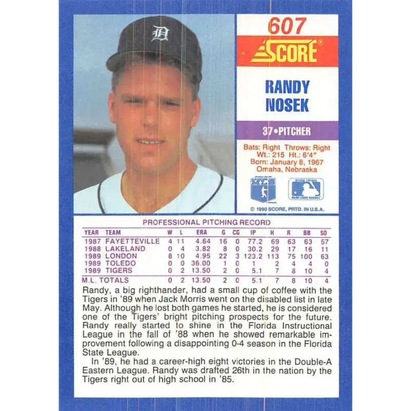 1990 Score #607 Randy Nosek NM-MT RC Rookie Detroit Tigers Baseball Card - Baseball Card Single
