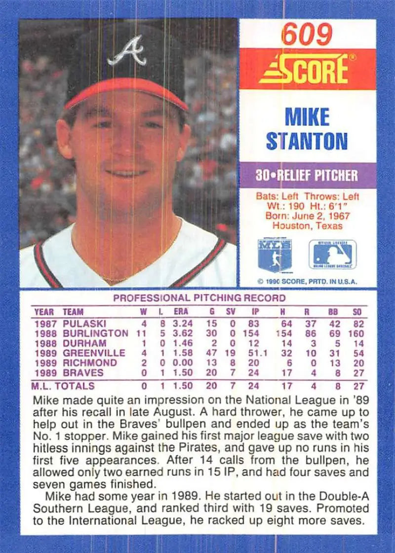 1990 Score #609 Mike Stanton EX Excellent RC Rookie Atlanta Braves Baseball Card - Baseball Card Single