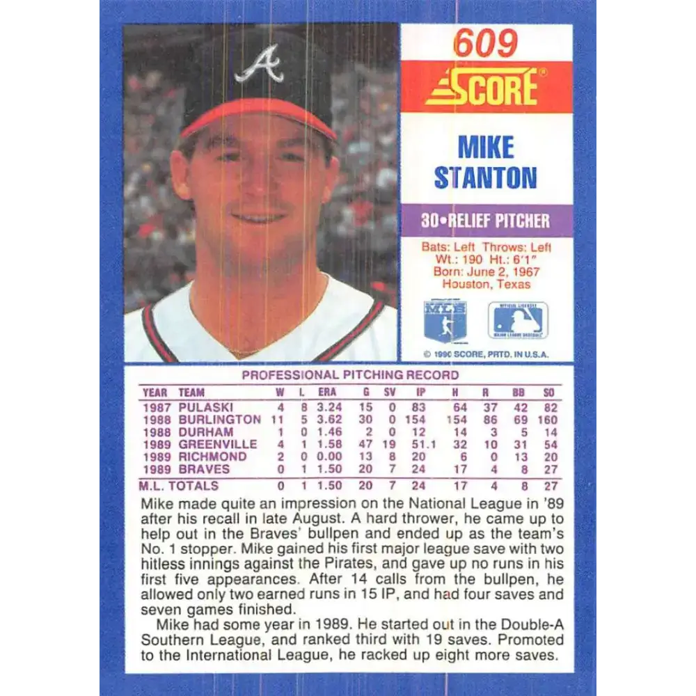 1990 Score #609 Mike Stanton NM-MT RC Rookie Atlanta Braves Baseball Card - Baseball Card Single