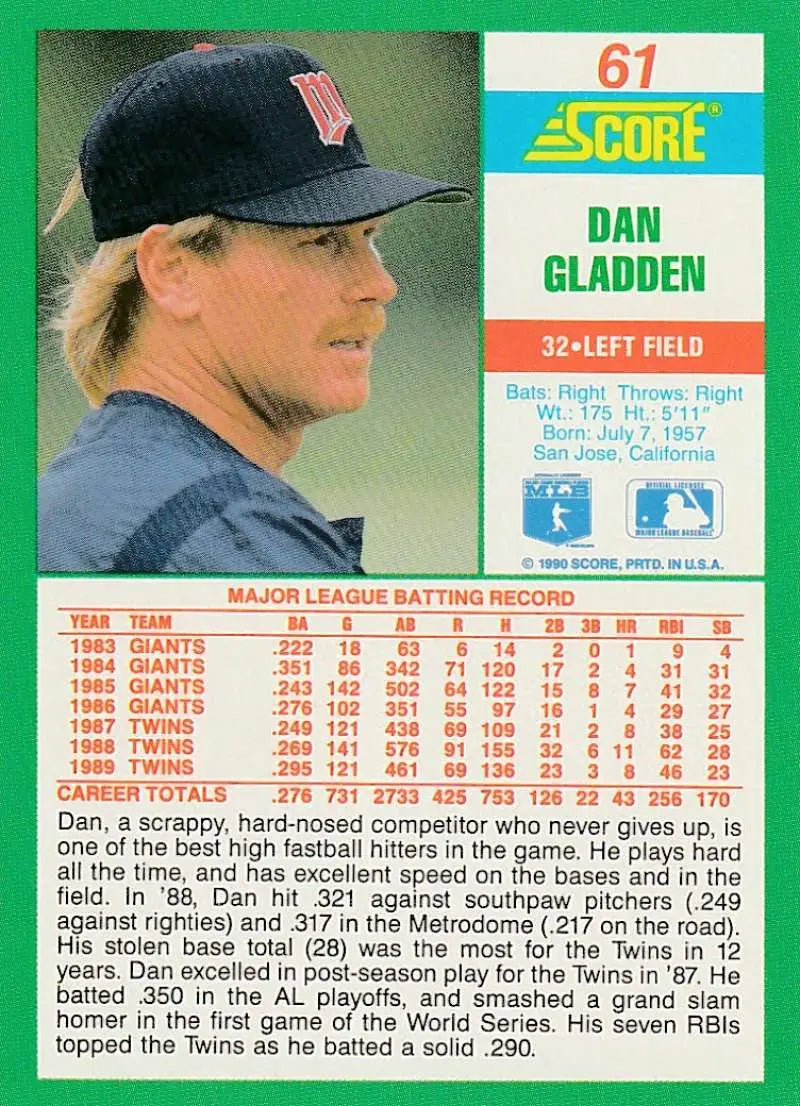 1990 Score #61 Dan Gladden EX Excellent Minnesota Twins Baseball Card - Baseball Card Single