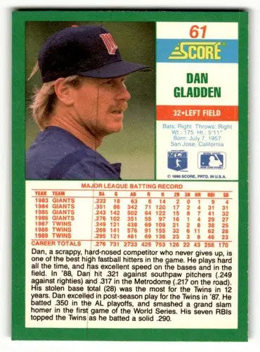 Original gloss Dan Gladden Minnesota Twins baseball card from 1990 Score #61