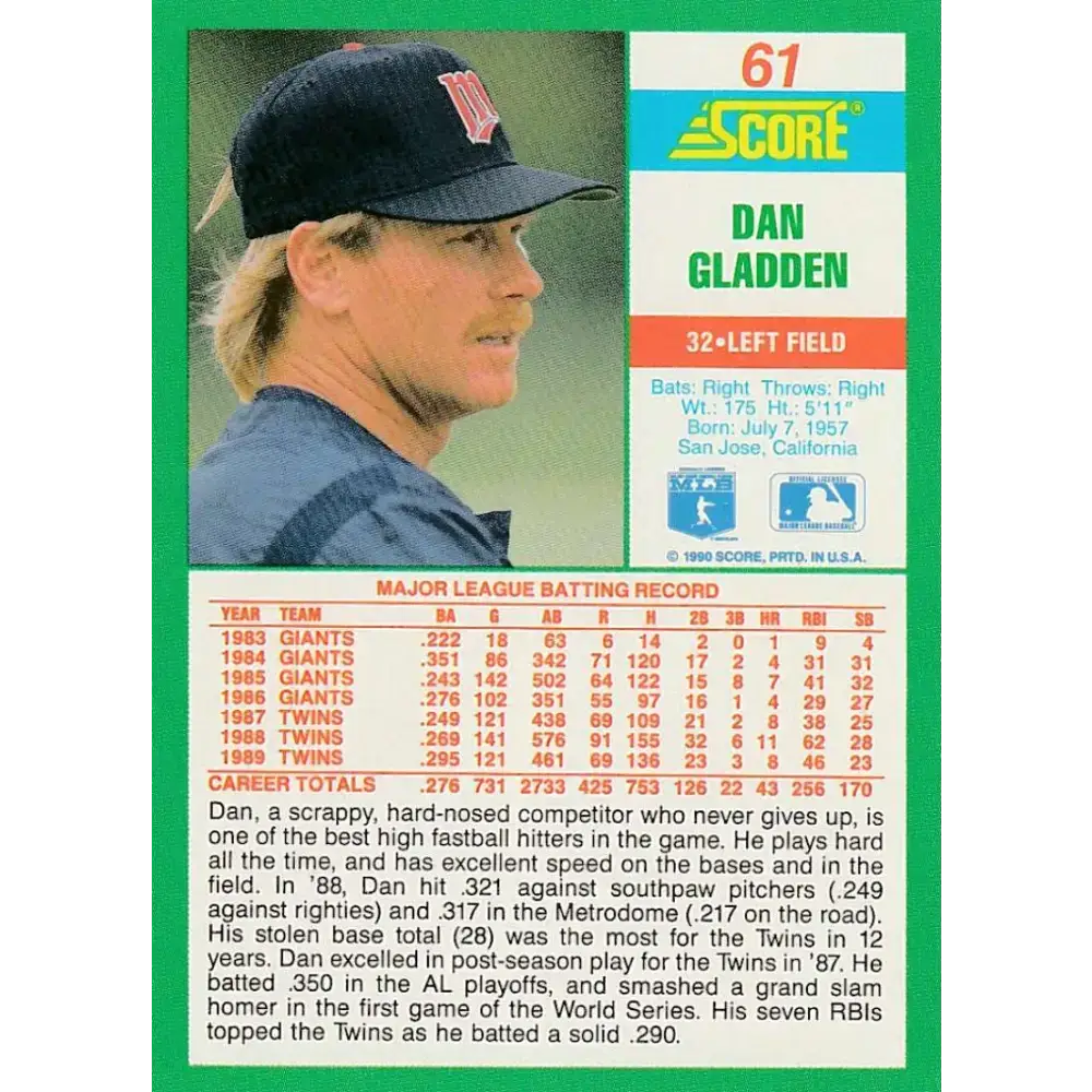 1990 Score #61 Dan Gladden NM-MT Minnesota Twins Baseball Card - Baseball Card Single