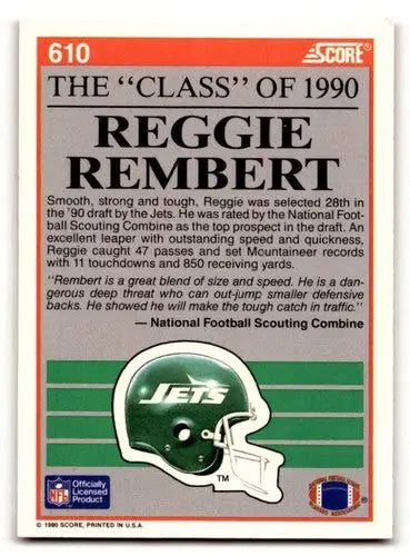 Original gloss Reggie Rembert Jets football card from 1990 Score #610 in EX/NM condition