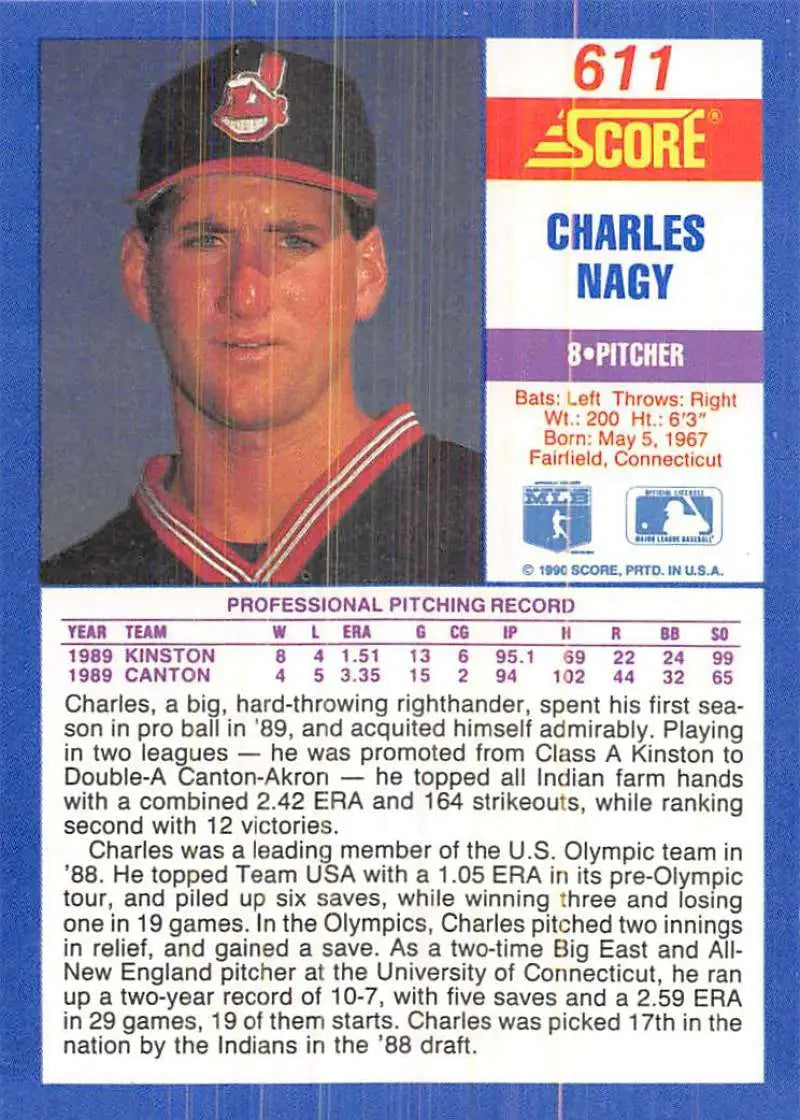1990 Score #611 Charles Nagy EX Excellent Cleveland Indians Baseball Card - Baseball Card Single