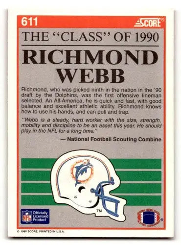 Original gloss Richmond Webb Miami Dolphins football card from 1990 Score #611