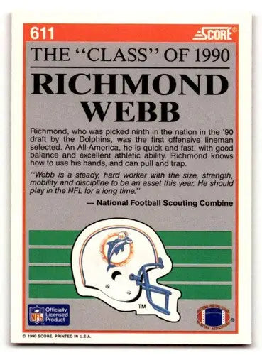 Richmond Webb Miami football card from 1990 Score #611 showcasing Webb Miami Dolphins