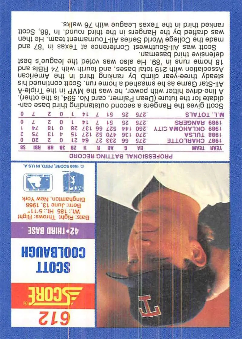 1990 Score #612 Scott Coolbaugh EX Excellent RC Rookie Texas Rangers Baseball Card - Baseball Card Single