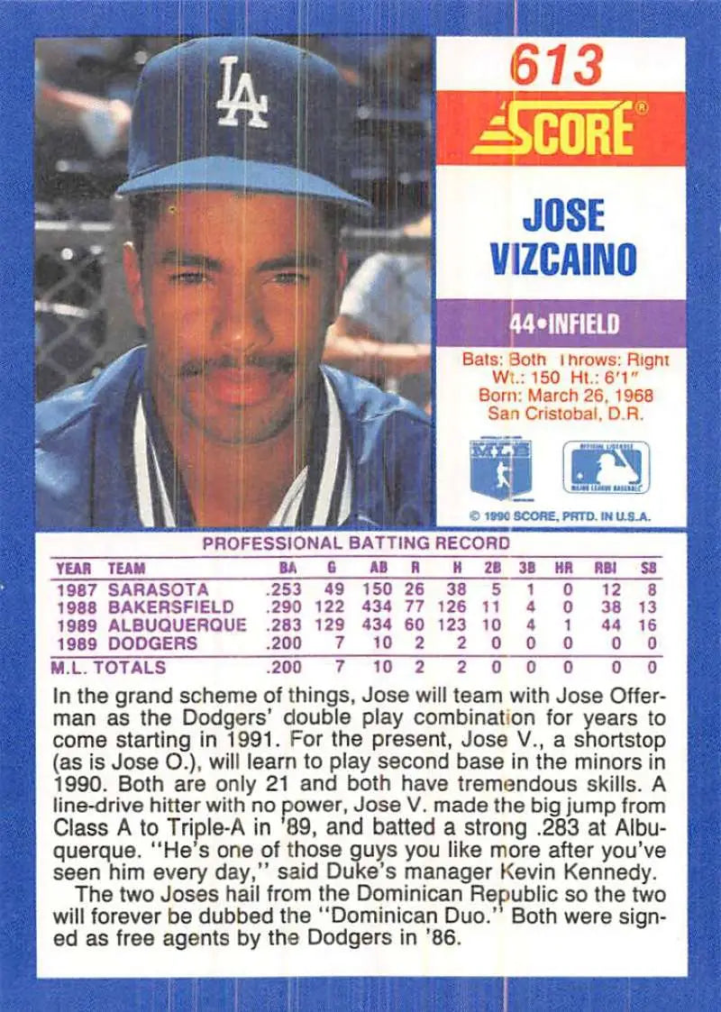 1990 Score #613 Jose Vizcaino EX Excellent RC Rookie Los Angeles Dodgers Baseball Card - Baseball Card Single