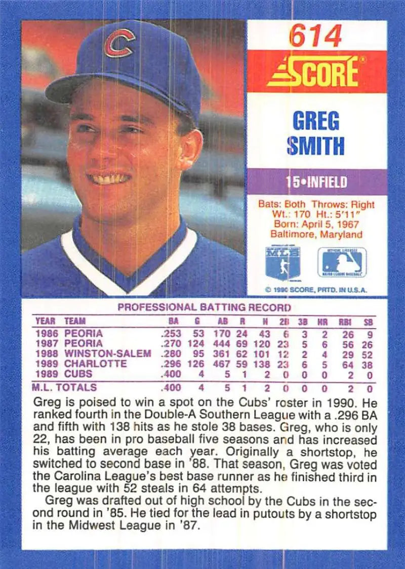 1990 Score #614 Greg Smith EX Excellent RC Rookie Chicago Cubs Baseball Card - Baseball Card Single