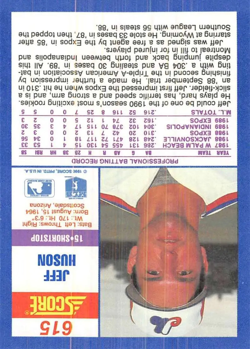 1990 Score #615 Jeff Huson EX Excellent RC Rookie Montreal Expos Baseball Card - Baseball Card Single