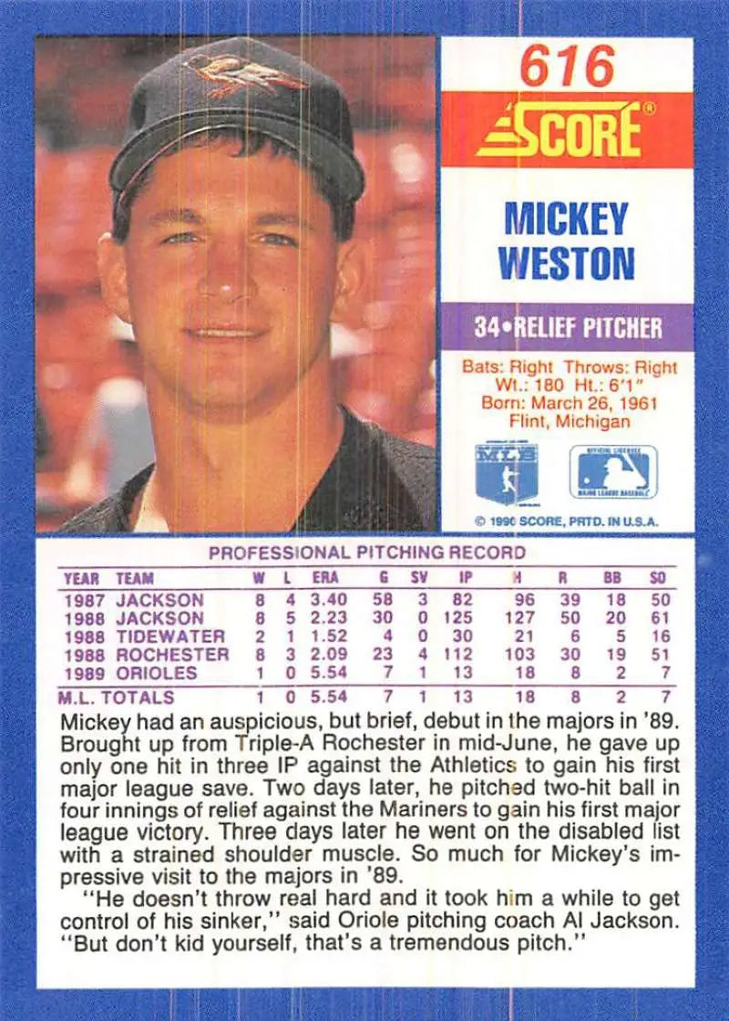 1990 Score #616 Mickey Weston EX Excellent RC Rookie Baltimore Orioles Baseball Card - Baseball Card Single