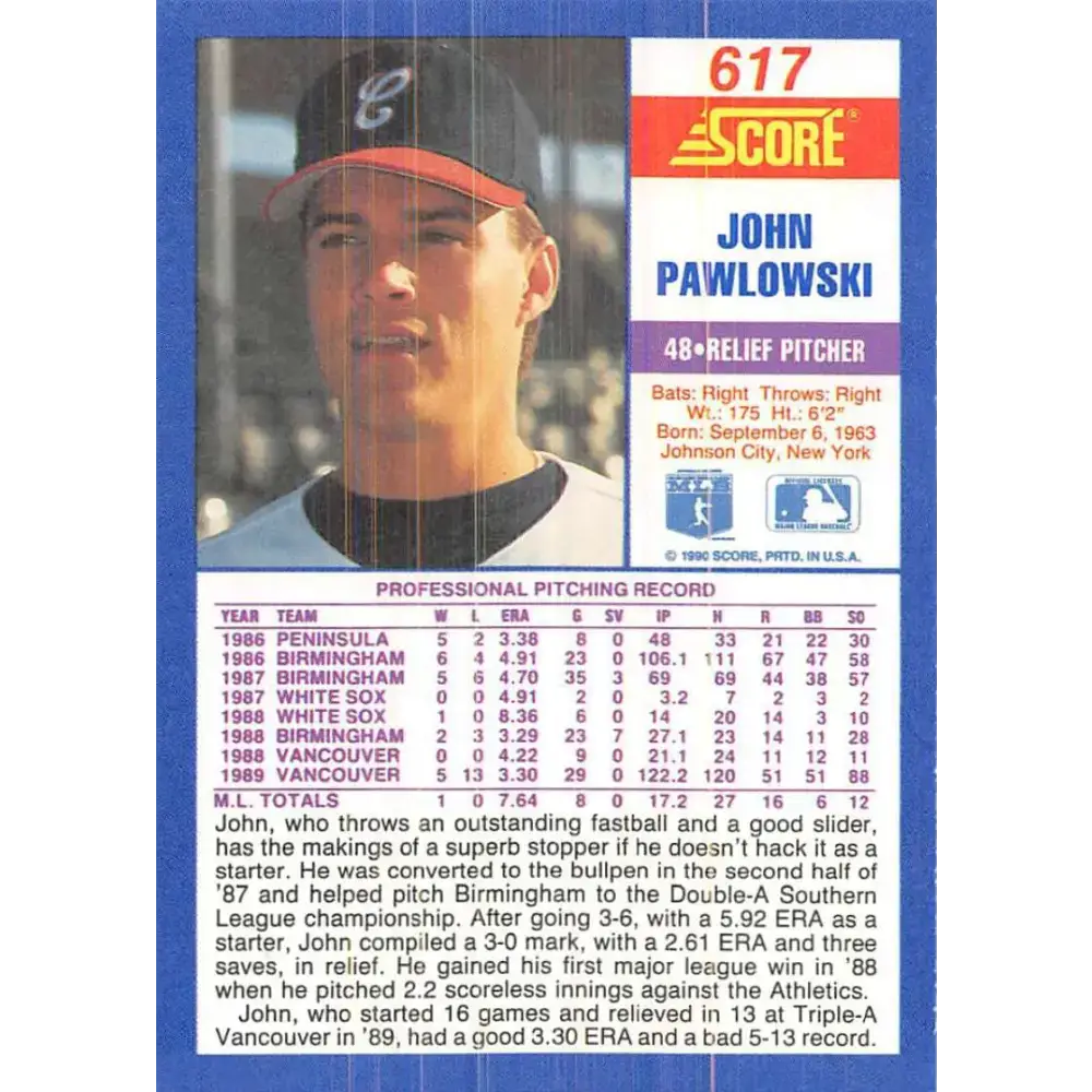 1990 Score #617 John Pawlowski NM-MT Chicago White Sox Baseball Card - Baseball Card Single