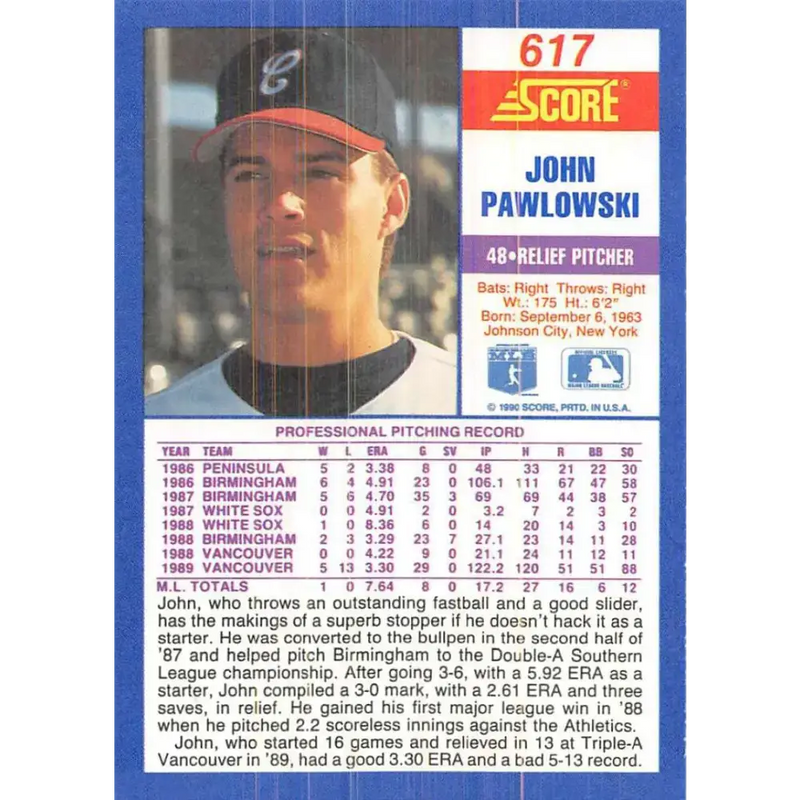 1990 Score #617 John Pawlowski NM-MT Chicago White Sox Baseball Card - Baseball Card Single