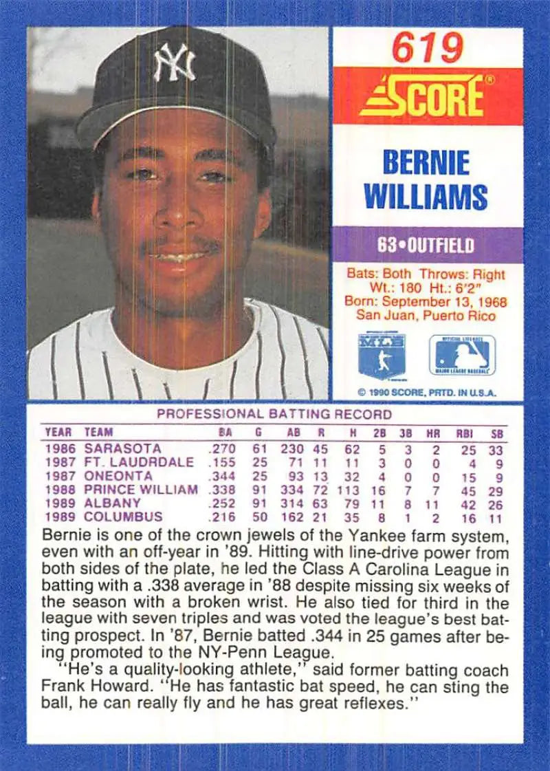 1990 Score #619 Bernie Williams EX Excellent RC Rookie New York Yankees Baseball Card - Baseball Card Single