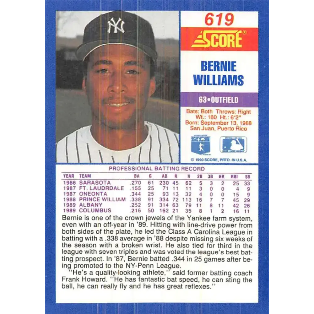 1990 Score #619 Bernie Williams NM-MT RC Rookie New York Yankees Baseball Card