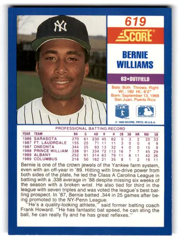 Bernie Williams rookie Yankees baseball card with original gloss from 1990 Score #619