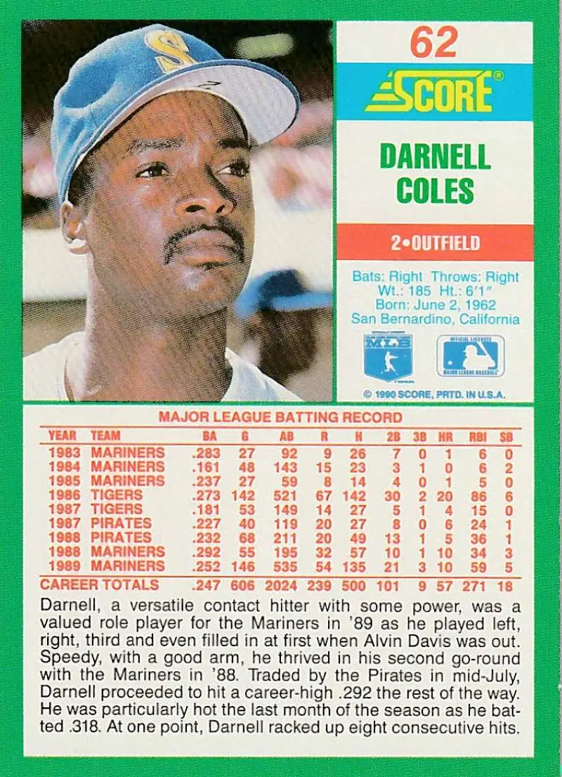 1990 Score #62 Darnell Coles EX Excellent Seattle Mariners Baseball Card - Baseball Card Single
