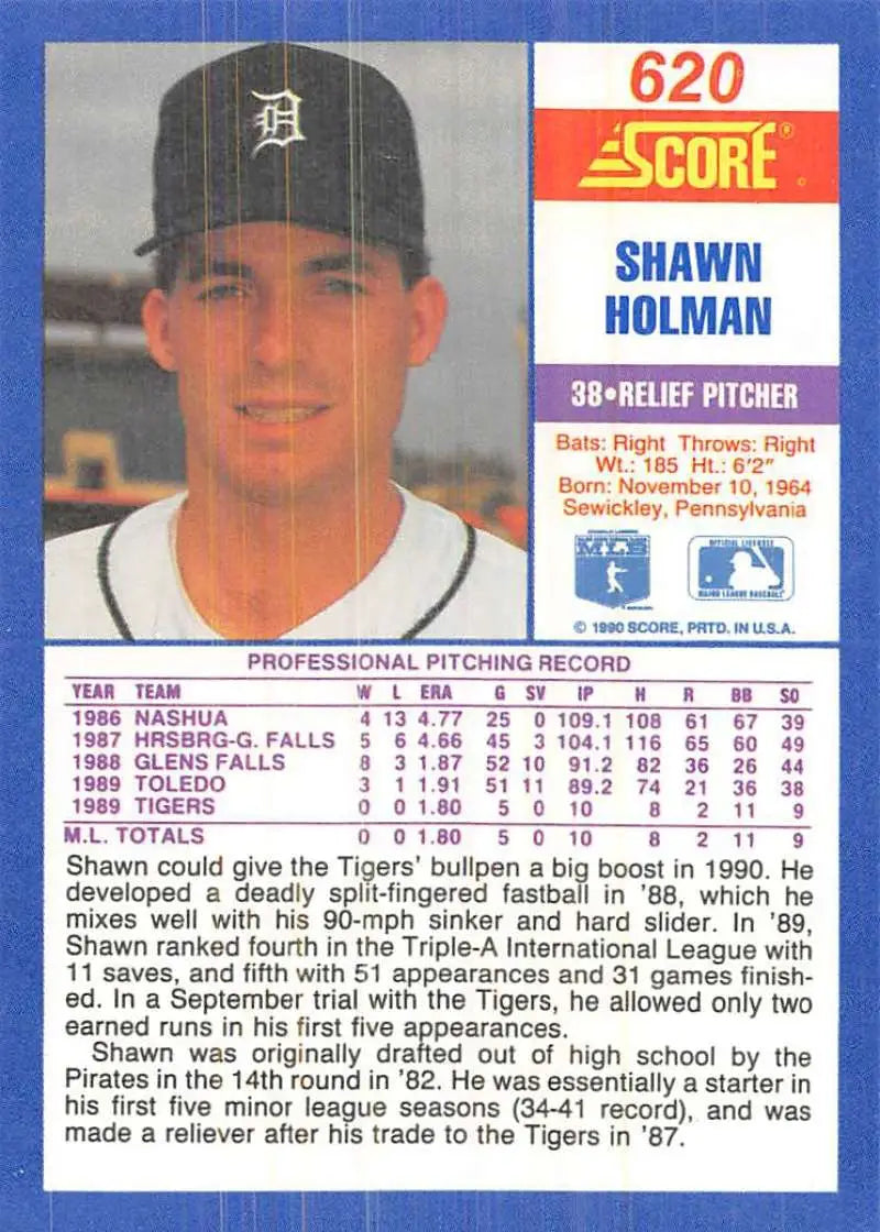 1990 Score #620 Shawn Holman EX Excellent RC Rookie Detroit Tigers Baseball Card - Baseball Card Single