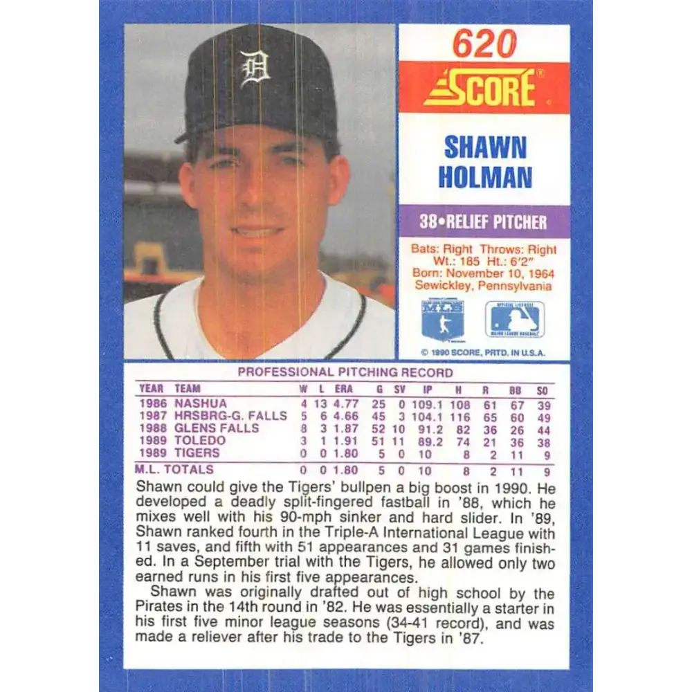1990 Score #620 Shawn Holman NM-MT RC Rookie Detroit Tigers Baseball Card - Baseball Card Single