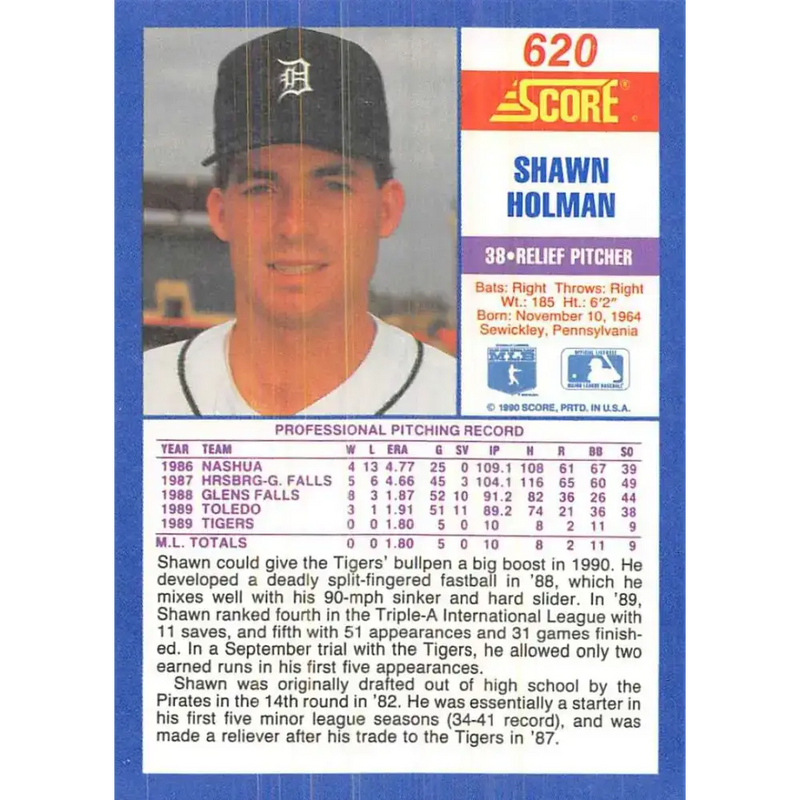 1990 Score #620 Shawn Holman NM-MT RC Rookie Detroit Tigers Baseball Card - Baseball Card Single